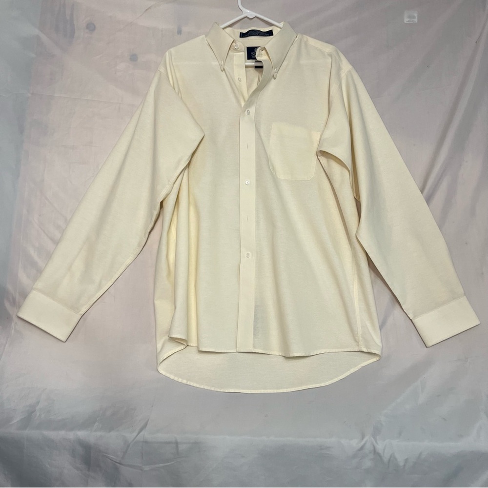 Stafford Mens Dress Shirt 16.5/35 Solid Yellow Travel Wrinkle Free Oxford